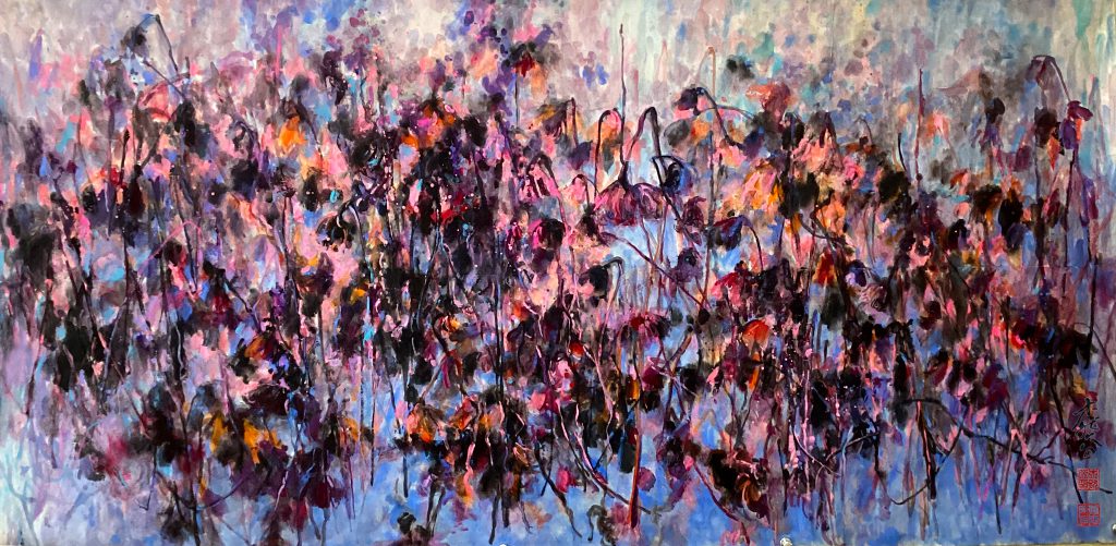 ‘Linear Awakeningseries’, an abstract Fantasy-Color Freehand painting by Mu Ran Gong, exploring cosmic energy with ink and color. 