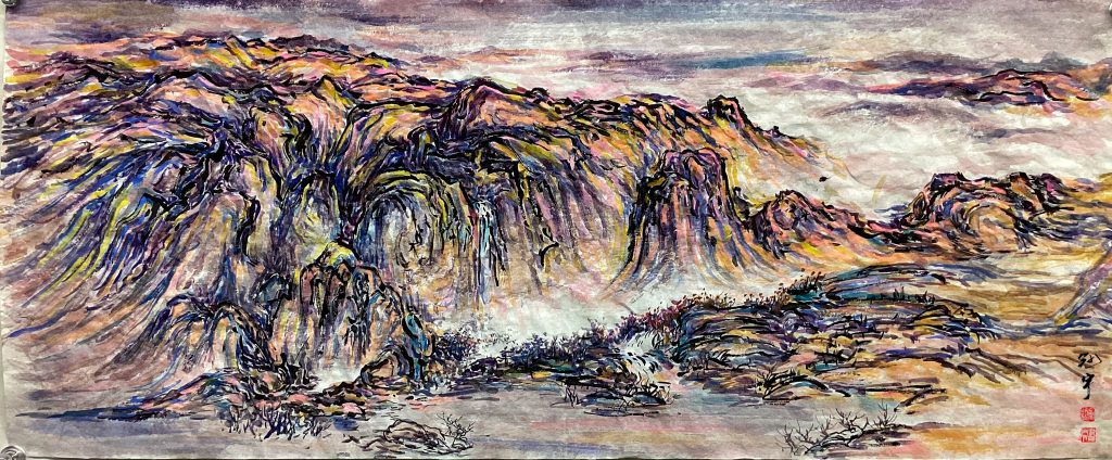 ‘Color-Revealing Mountains Series’ by Mu Ran Gong. A Fantasy-Color Freehand work where vibrant mineral pigments and ink create a sense of cosmic landscape on Xuan paper. 