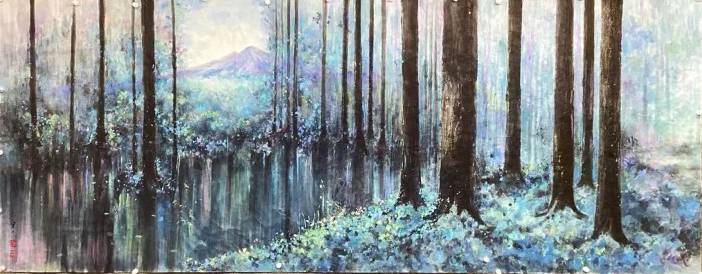 The Call of Distant Mountains’ by Mu Ran Gong. A Fantasy-Color Freehand work where vibrant mineral pigments and ink create a sense of cosmic landscape on Xuan paper. 