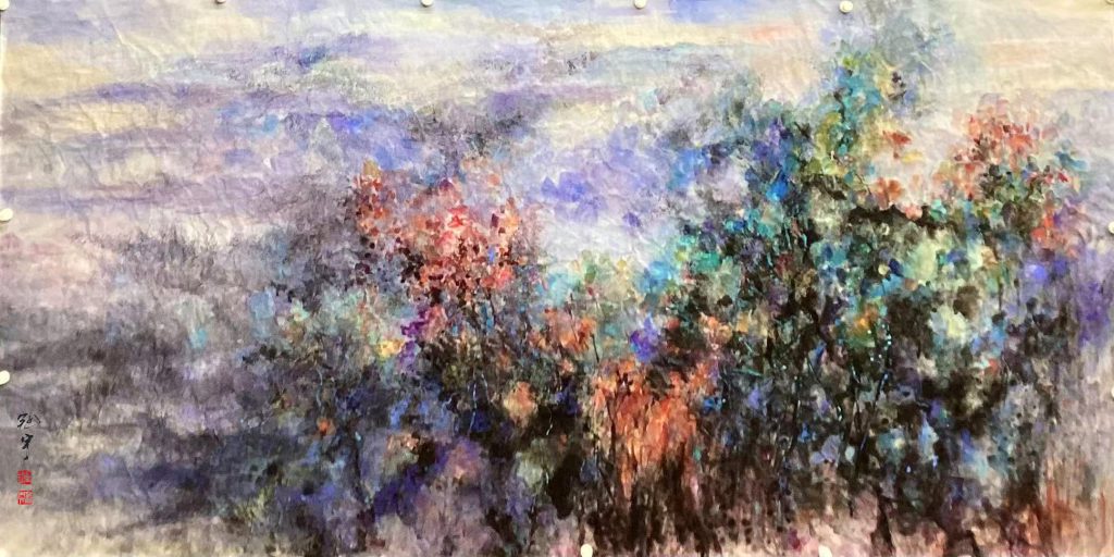 ‘Sunset Glow Fades, Flowers Bloom Crimson’, an abstract Fantasy-Color Freehand painting by Mu Ran Gong, exploring cosmic energy with ink and color. 