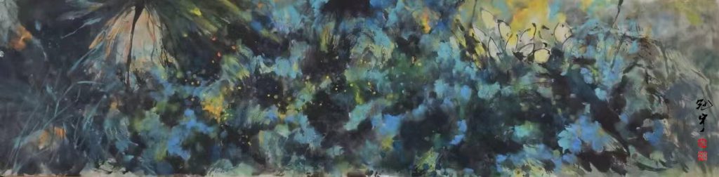 "Dreaming Lotus Pond: The Lotus Speaks" – A Fantasy-Color Freehand landscape painting by Mu Rangong (Lu Guanyu). This work delves into the spiritual dialogue between ink and vibrant color. Mu Rangong is a Chinese contemporary artist, founder of the Fantasy-Color Freehand ink painting style, and creator of the “Boundless Fantasy” exhibition series.