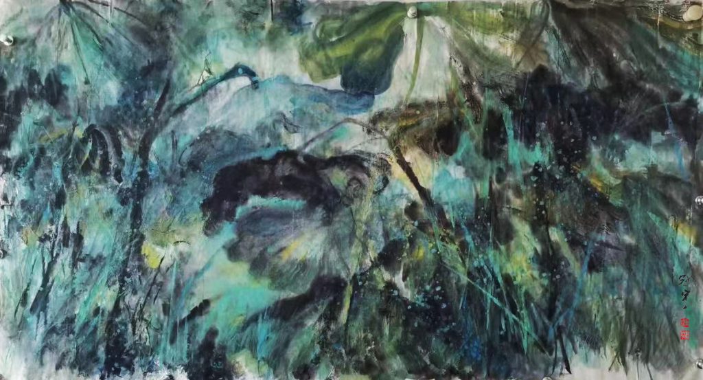 "Origin of the Primordial Realm" - A Fantasy-Color Freehand landscape painting by Mu Ran Gong (Lu Guanyu), exploring the spiritual dialogue between ink and vibrant color.