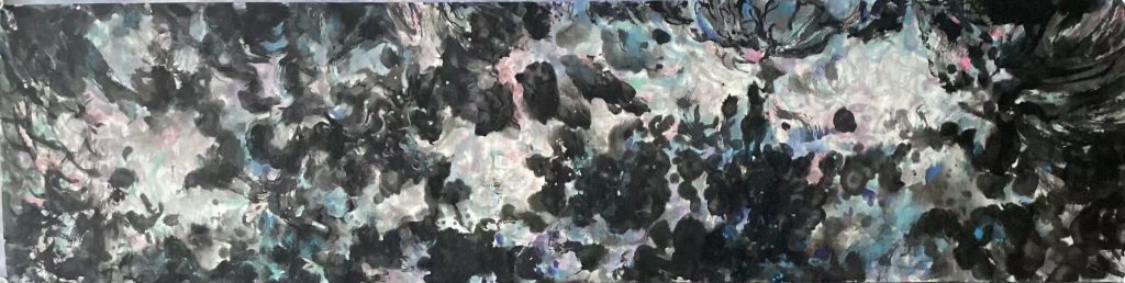 ‘Eastern philosophical perspective’ by Mu Ran Gong. A Fantasy-Color Freehand work where vibrant mineral pigments and ink create a sense of cosmic landscape on Xuan paper. 