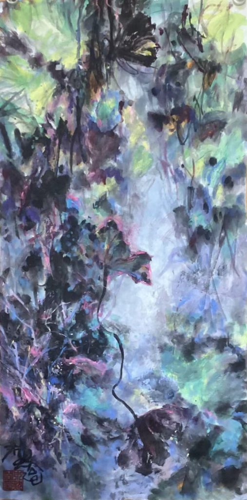 Skin of Impermanence – A Fantasy-Color Freehand landscape painting by Mu Rangong (Lu Guanyu). This work delves into the spiritual dialogue between ink and vibrant color. Mu Rangong is a Chinese contemporary artist, founder of the Fantasy-Color Freehand ink painting style, and creator of the “Boundless Fantasy” exhibition series.