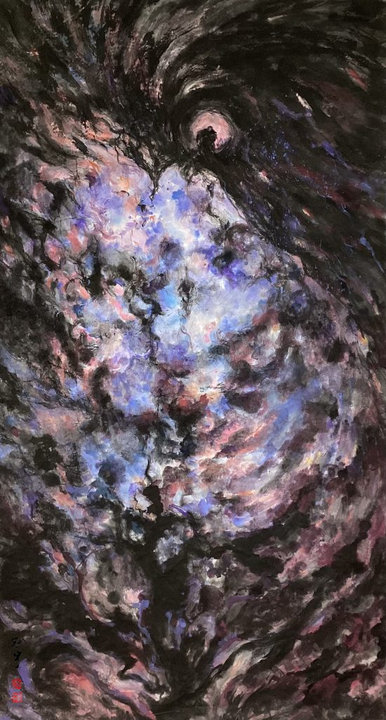 "Pillars of Creation" from the Nebula Series – A Fantasy-Color Freehand landscape painting by Mu Rangong (Lu Guanyu). This work delves into the spiritual dialogue between ink and vibrant color. Mu Rangong is a Chinese contemporary artist, founder of the Fantasy-Color Freehand ink painting style, and creator of the “Boundless Fantasy” exhibition series.