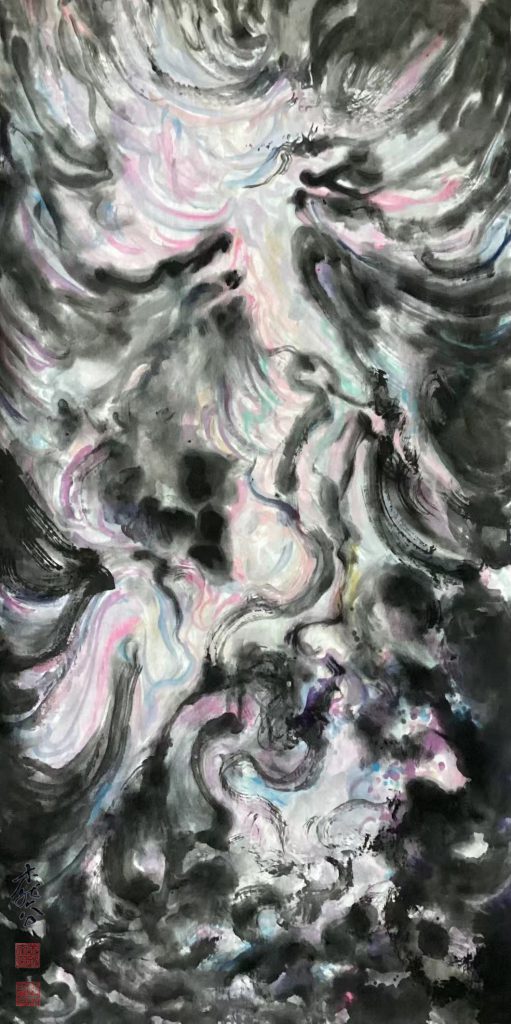 ""Starlight in Flight" – A Fantasy-Color Freehand landscape painting by Mu Rangong (Lu Guanyu). This work delves into the spiritual dialogue between ink and vibrant color. Mu Rangong is a Chinese contemporary artist, founder of the Fantasy-Color Freehand ink painting style, and creator of the “Boundless Fantasy” exhibition series.