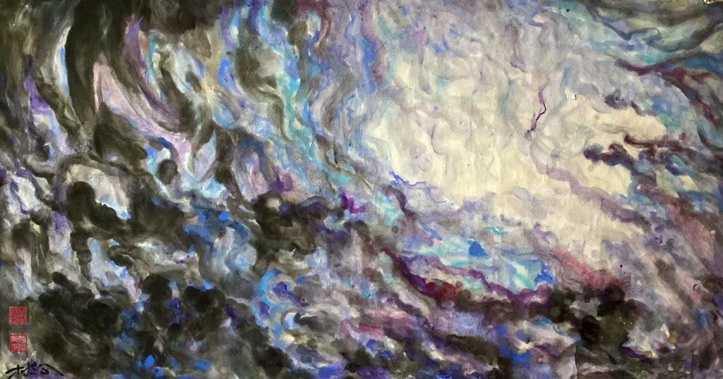 "Stillness, Insight, Nirvana" – A Fantasy-Color Freehand landscape painting by Mu Rangong (Lu Guanyu). This work delves into the spiritual dialogue between ink and vibrant color. Mu Rangong is a Chinese contemporary artist, founder of the Fantasy-Color Freehand ink painting style, and creator of the “Boundless Fantasy” exhibition series.