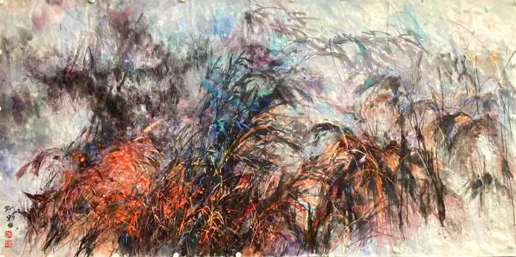 "The Eternal Soul of Wild Grassseries" - A Fantasy-Color Freehand landscape painting by Mu Ran Gong (Lu Guanyu), exploring the spiritual dialogue between ink and vibrant color.