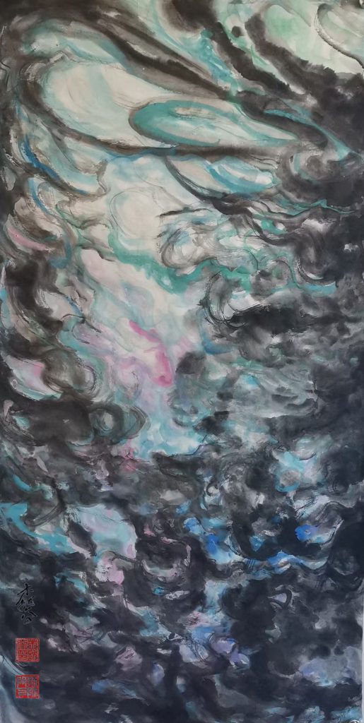 "Meditation in Ascension" – A Fantasy-Color Freehand landscape painting by Mu Rangong (Lu Guanyu). This work delves into the spiritual dialogue between ink and vibrant color. Mu Rangong is a Chinese contemporary artist, founder of the Fantasy-Color Freehand ink painting style, and creator of the “Boundless Fantasy” exhibition series.